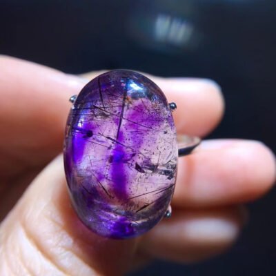 Pure Natural Purple Hair Crystal Purple Super Seven Ring for Women, Mysterious Dream Purple, Crystal Moisturizing 925 Sterling Silver Inlaid Flap Size: 21.8/15mm 10201988